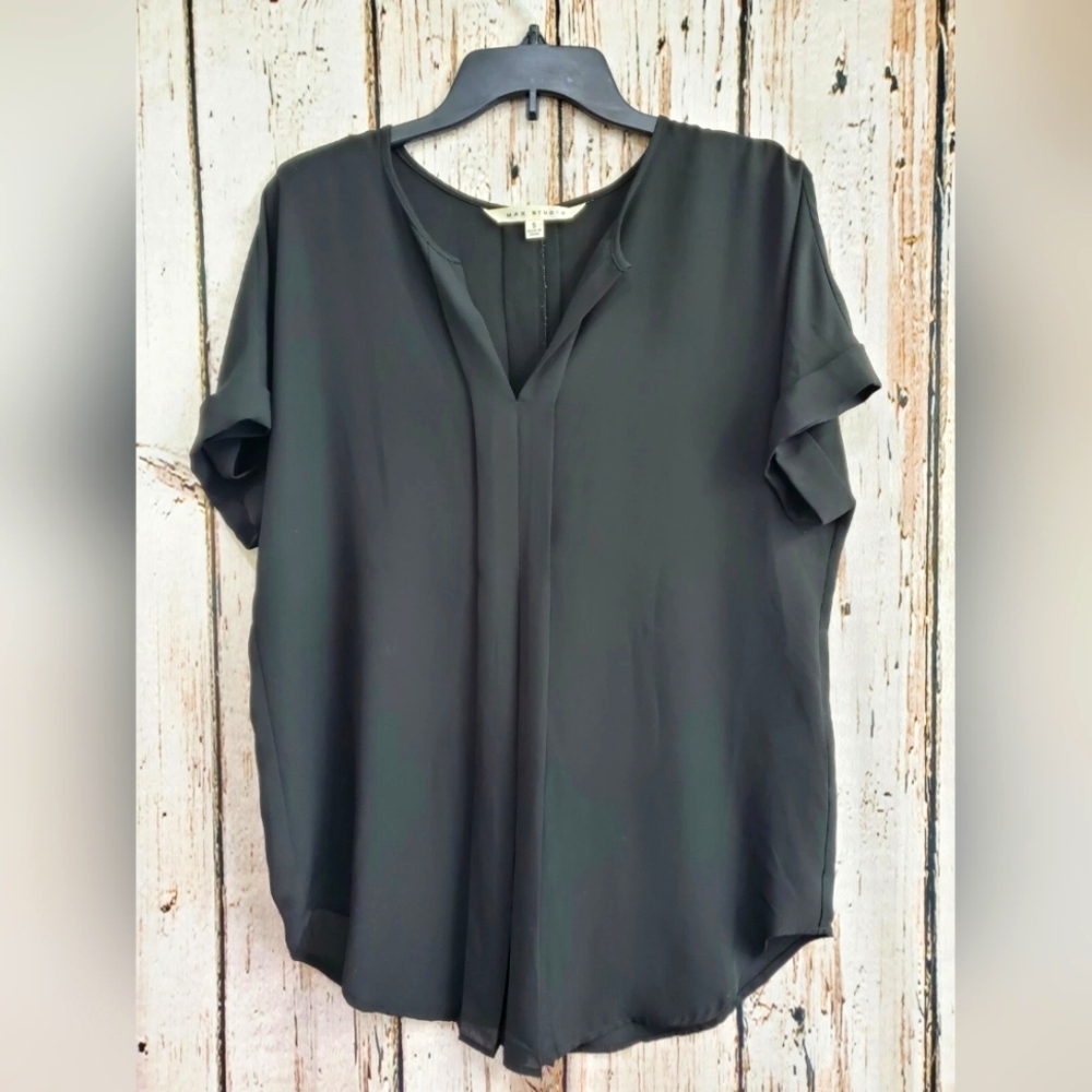 Max Studio Women's Small Black Sheer Oversized Tunic Blouse Top EUC Flowy Boho‎